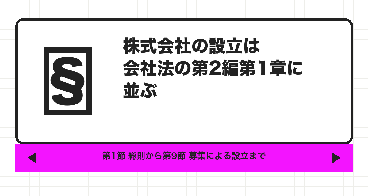 株式会社の設立は会社法の第2編第1章に並ぶ